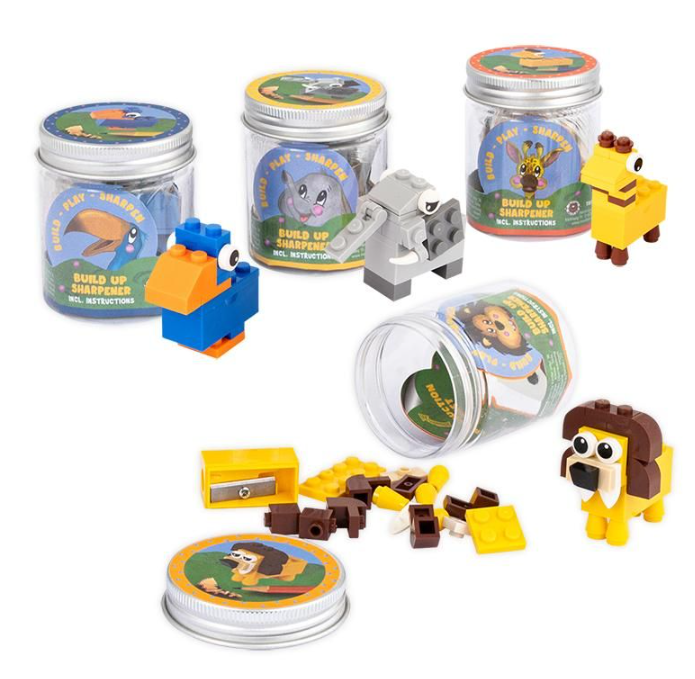 Dschungeltiere Spitzer Mini-Baustein-Set Blau Radierer, Anspitzer + Co.