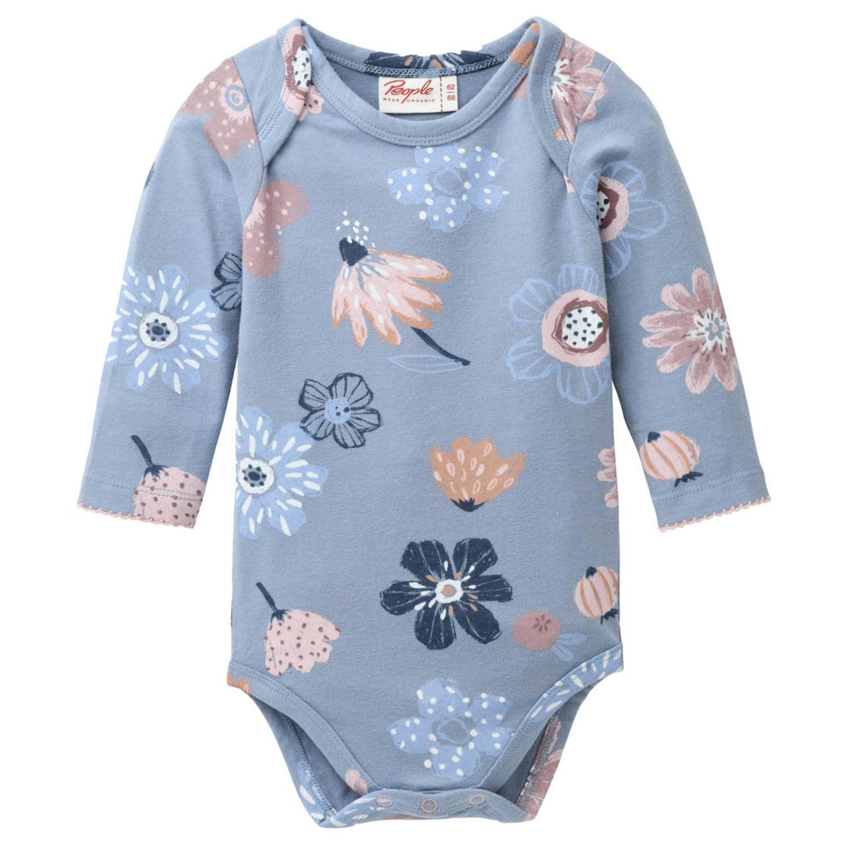 Edler Jersey Langarmbody große Blumen rauchblau 74/80