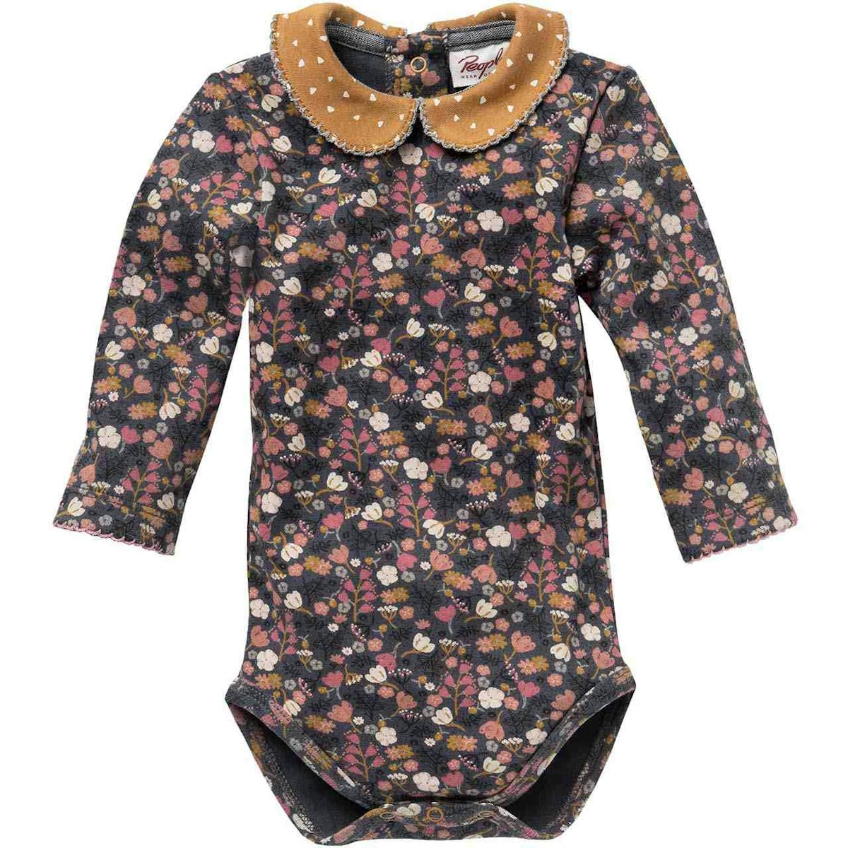 Festlicher Langarmbody Kragen Winterblumen schiefergrau 62/68