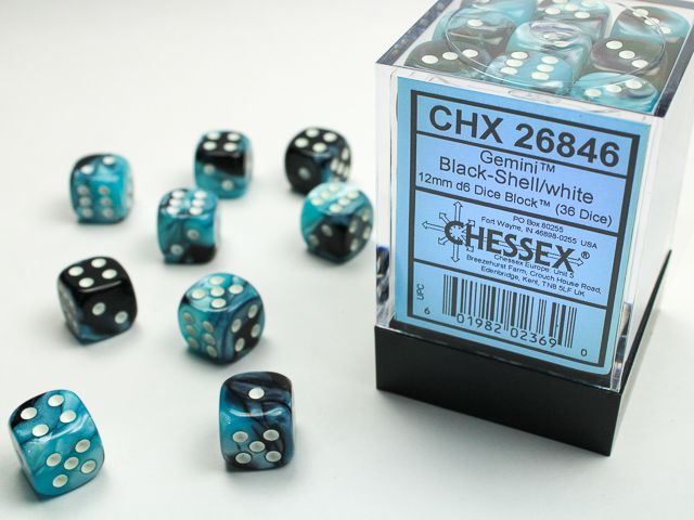 Gemini Black Shell/White 36x 12mm W6 Dice Set Würfel Dices W6 D6 Dices