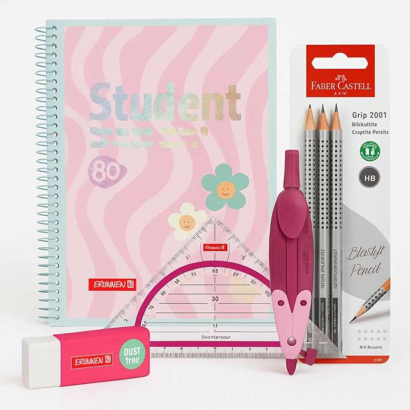 Geometriehelden-Set für Mädchen | Zirkel, Bleistift, Geodreieck, Radiergummi, Collegeblock kariert