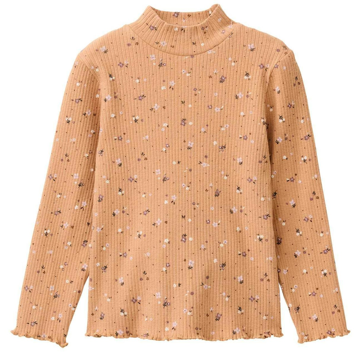 Geripptes Langarmshirt Stehkragen Blümchen karamell 98/104