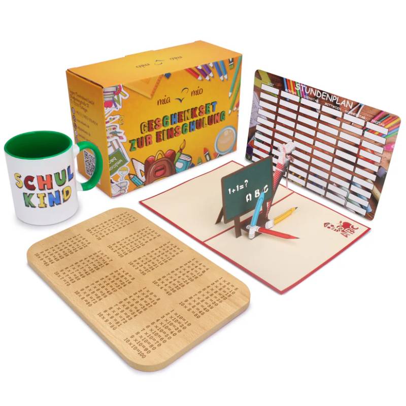 Geschenkset zur Einschulung inkl.Tasse Frühstücksbrett 3D Grußkarte Stundenplan grün Kleine Überraschungen