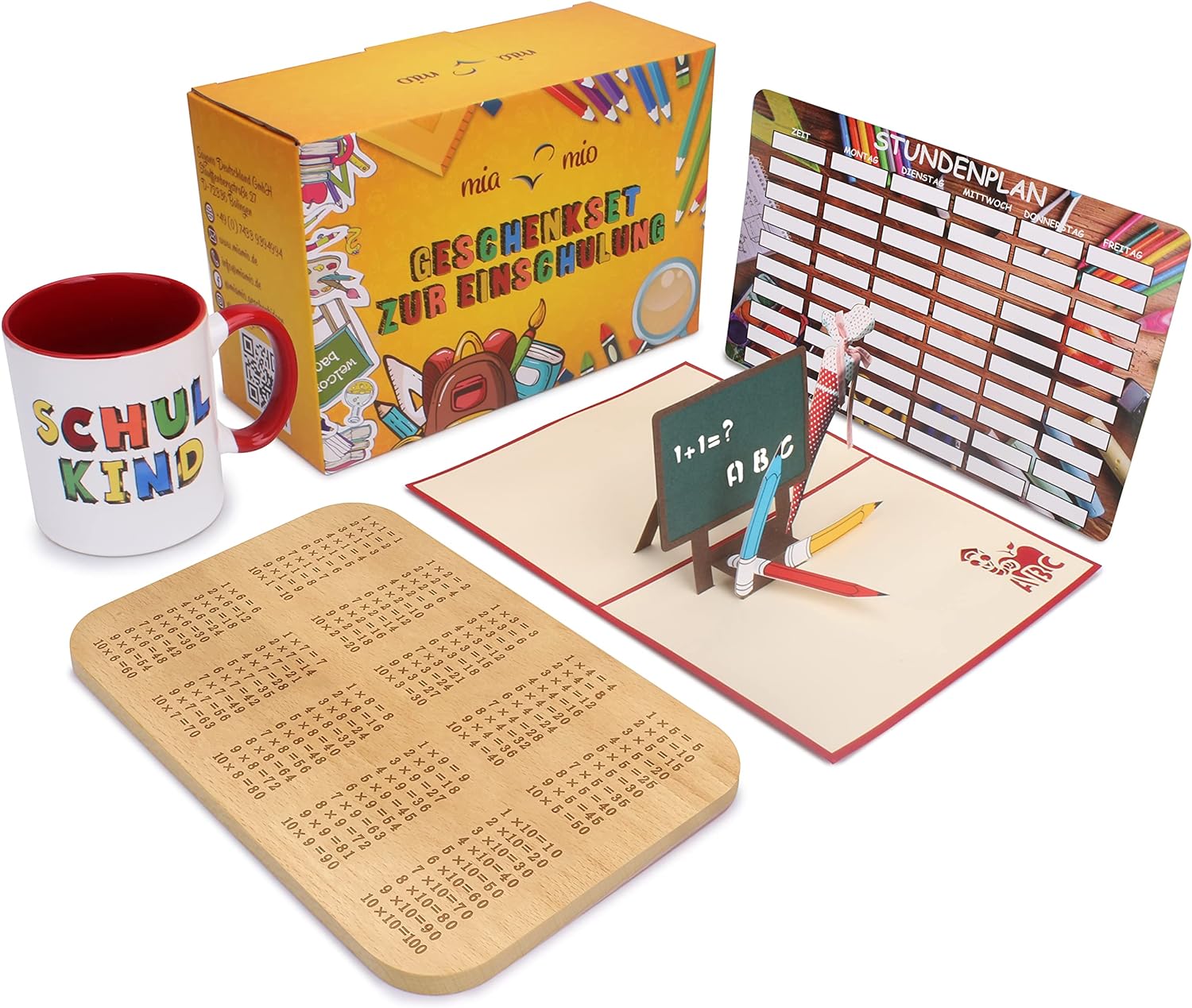 Geschenkset zur Einschulung inkl.Tasse Frühstücksbrett 3D Grußkarte Stundenplan rot Kleine Überraschungen