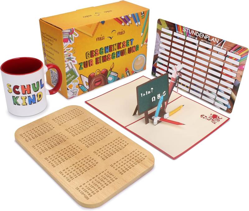 Geschenkset zur Einschulung inkl.Tasse Frühstücksbrett 3D Grußkarte Stundenplan rot Kleine Überraschungen