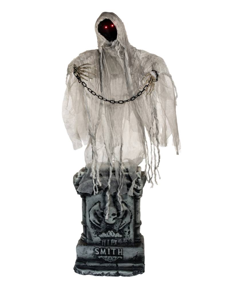 Gesichtsloser Kettengeist Animatronic auf Grabstein 130cm Gesichtsloser Kettengeist Animatronic auf Grabstein 130cm
