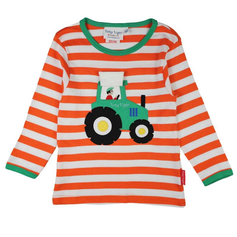 Gestreiftes Langarmshirt Traktor-Applikation orange 92