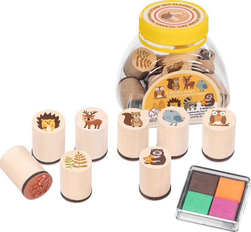 Goki - Stempelset 8 Tiere Holz + 1 Stempelkissen in Dose