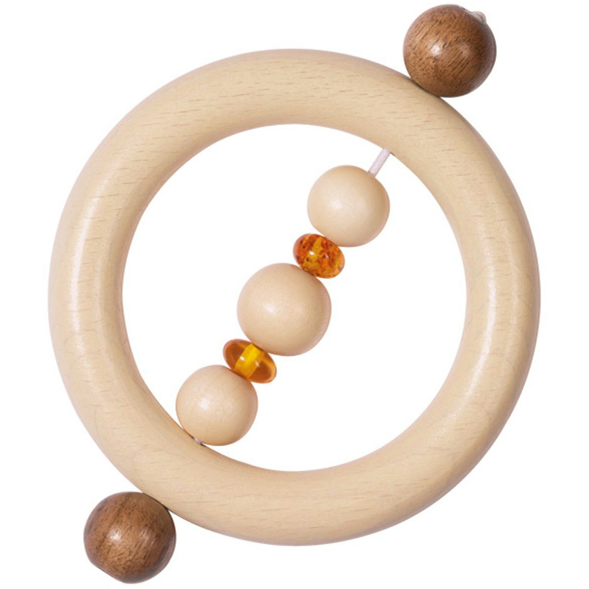 Greifling aus Holz und Bernstein – mit Rasselfunktion