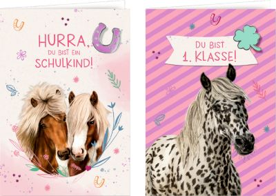 Grußkarte mit Wegbegleiter-Pin – Du bist 1. Klasse! oder Hurra, du bist ein Schulkind! - Pferdefreunde