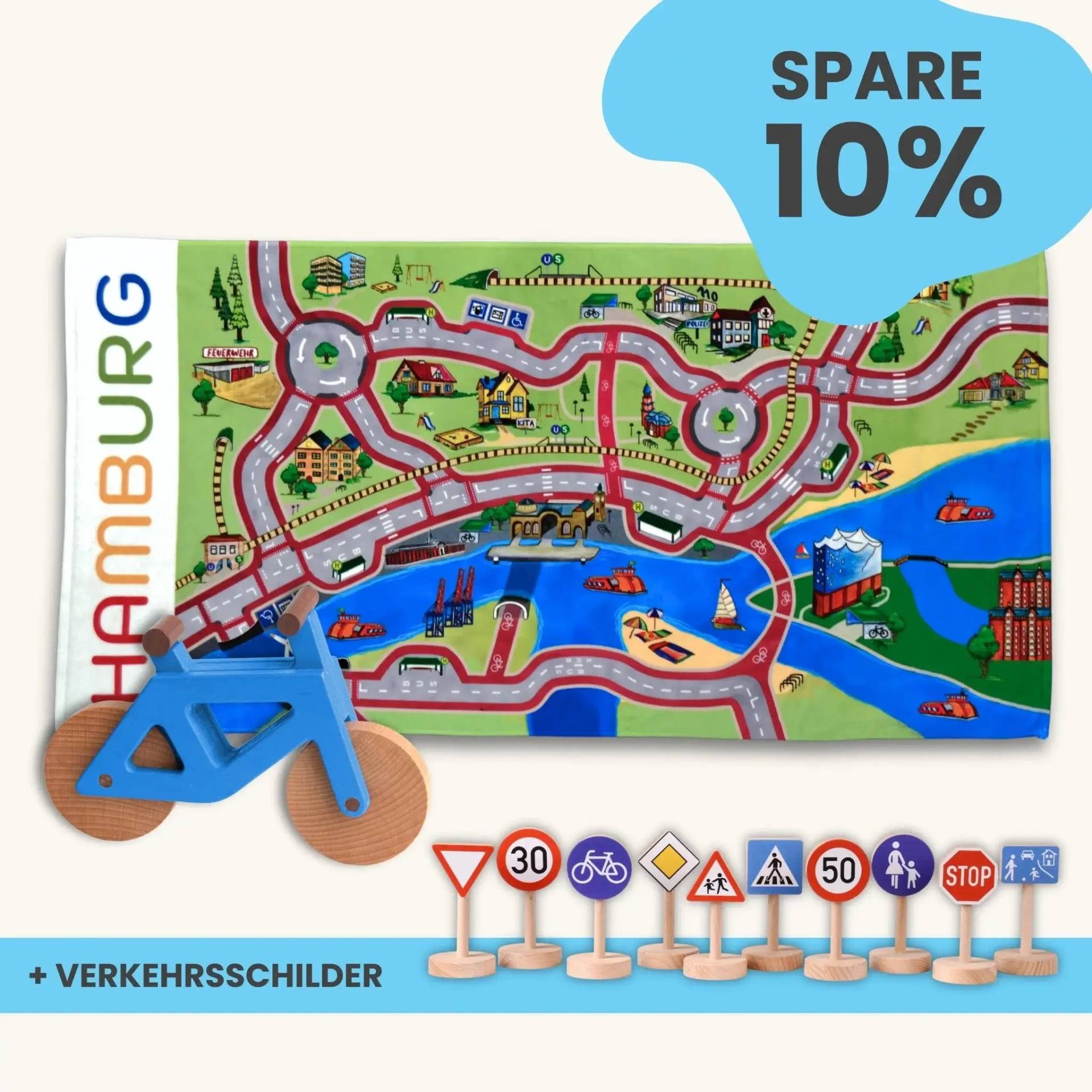 Maxi Mobilitätsset To Go - Spielteppich To Go + Fahrrad im Set | Spielteppich To Go (Motiv): Hamburg | Spielzeugfahrrad aus Holz (Farbe): Blau