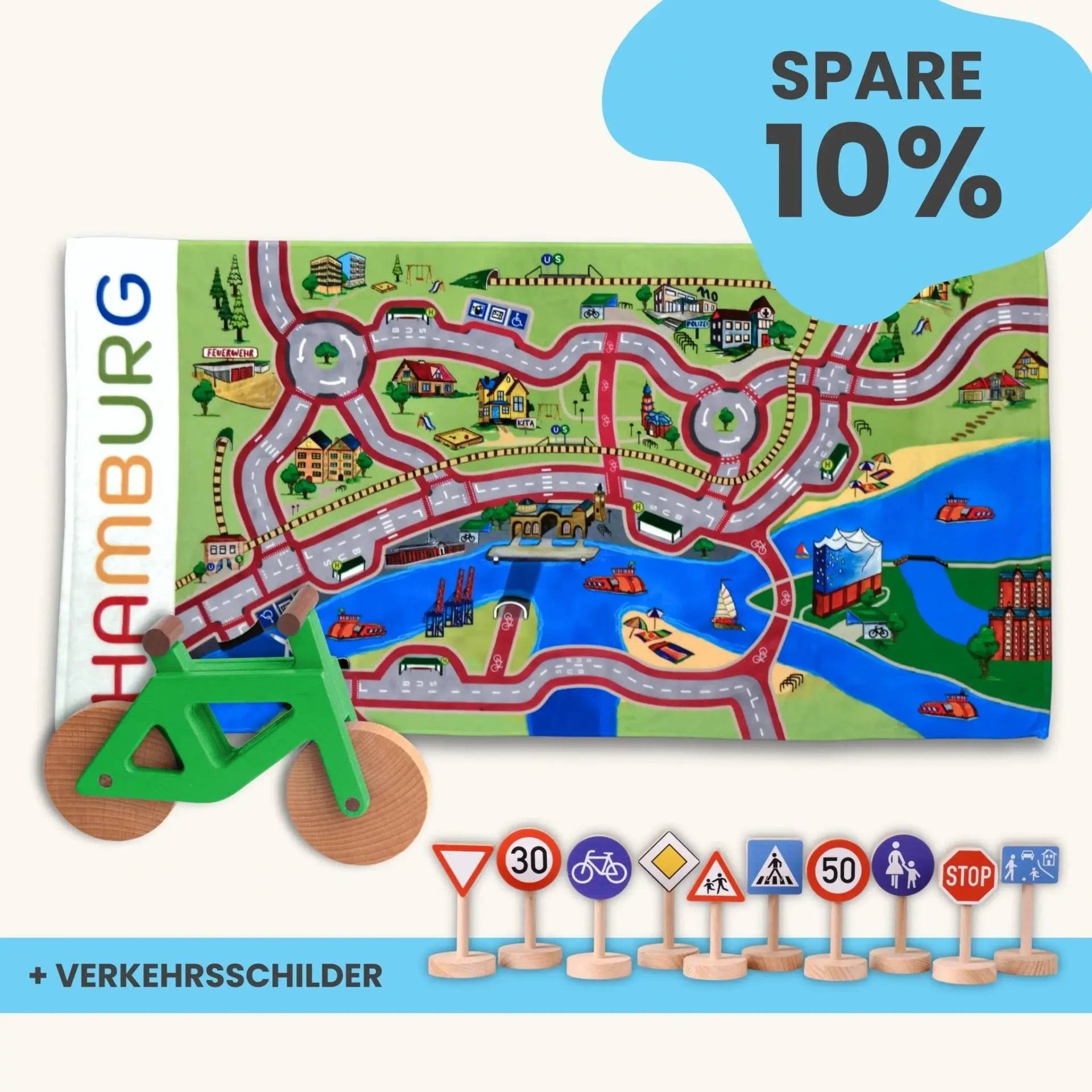 Maxi Mobilitätsset To Go - Spielteppich To Go + Fahrrad im Set | Spielteppich To Go (Motiv): Hamburg | Spielzeugfahrrad aus Holz (Farbe): Grün