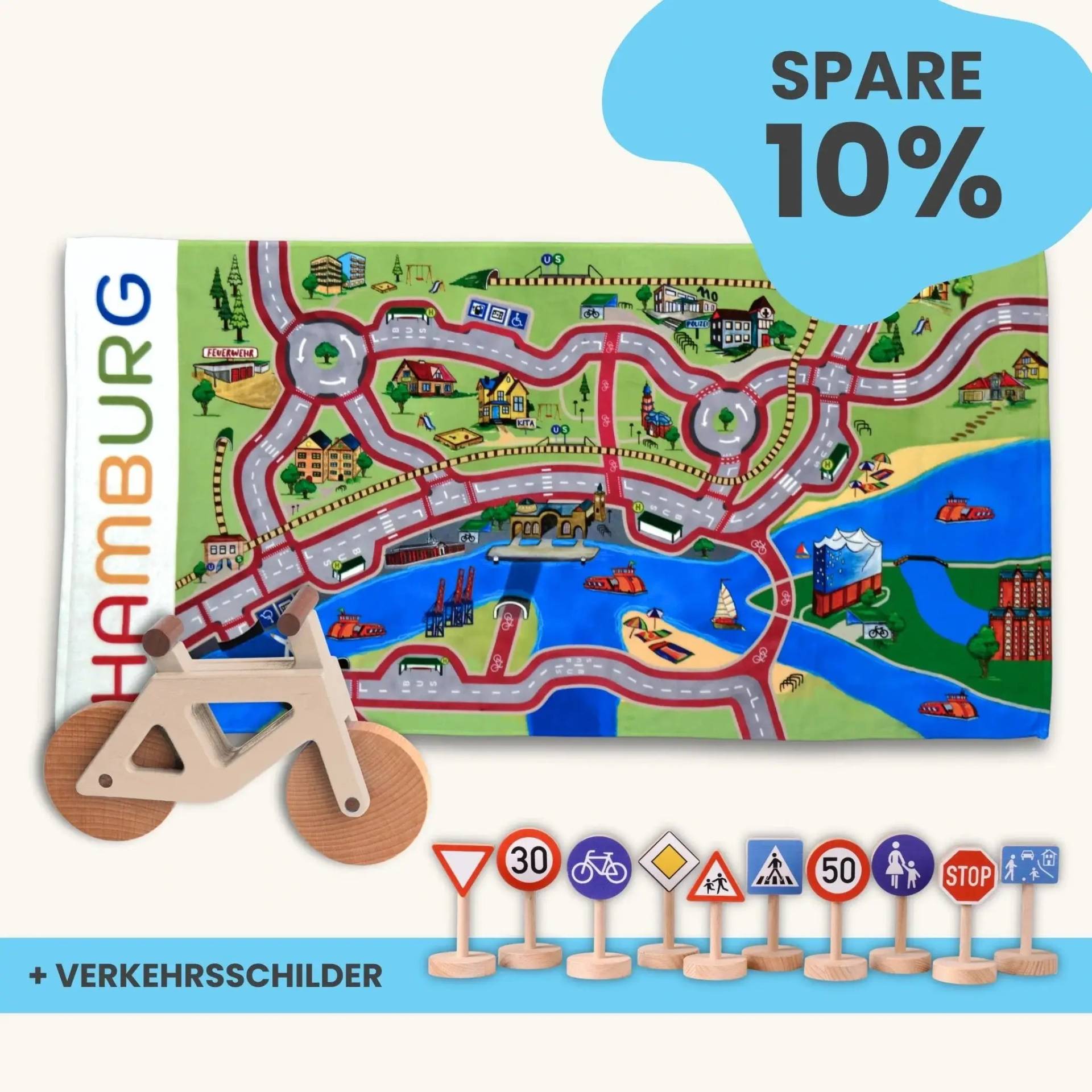 Maxi Mobilitätsset To Go - Spielteppich To Go + Fahrrad im Set | Spielteppich To Go (Motiv): Hamburg | Spielzeugfahrrad aus Holz (Farbe): Natur