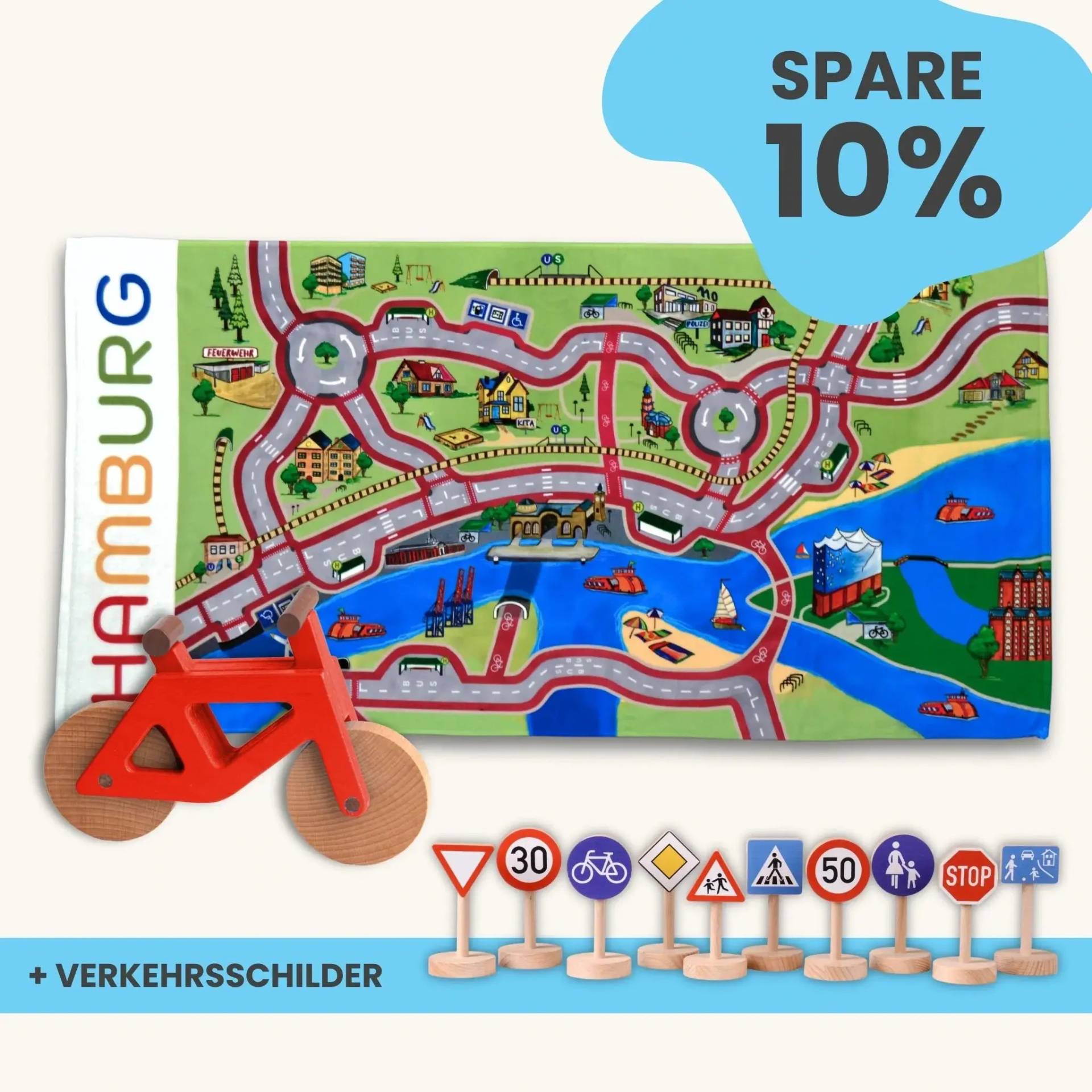 Maxi Mobilitätsset To Go - Spielteppich To Go + Fahrrad im Set | Spielteppich To Go (Motiv): Hamburg | Spielzeugfahrrad aus Holz (Farbe): Rot