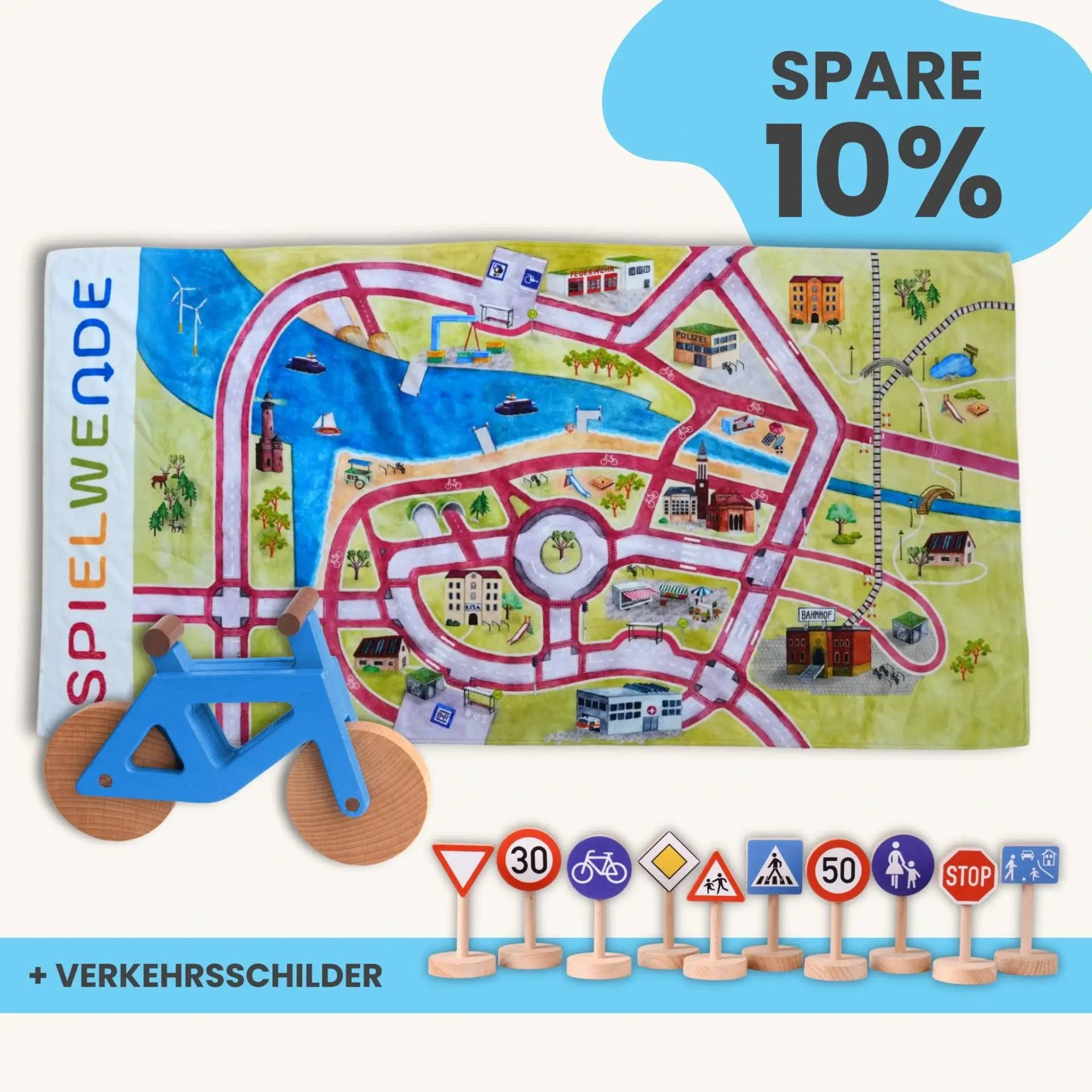 Maxi Mobilitätsset To Go - Spielteppich To Go + Fahrrad im Set | Spielteppich To Go (Motiv): Stadt von Morgen | Spielzeugfahrrad aus Holz (Farbe): Blau
