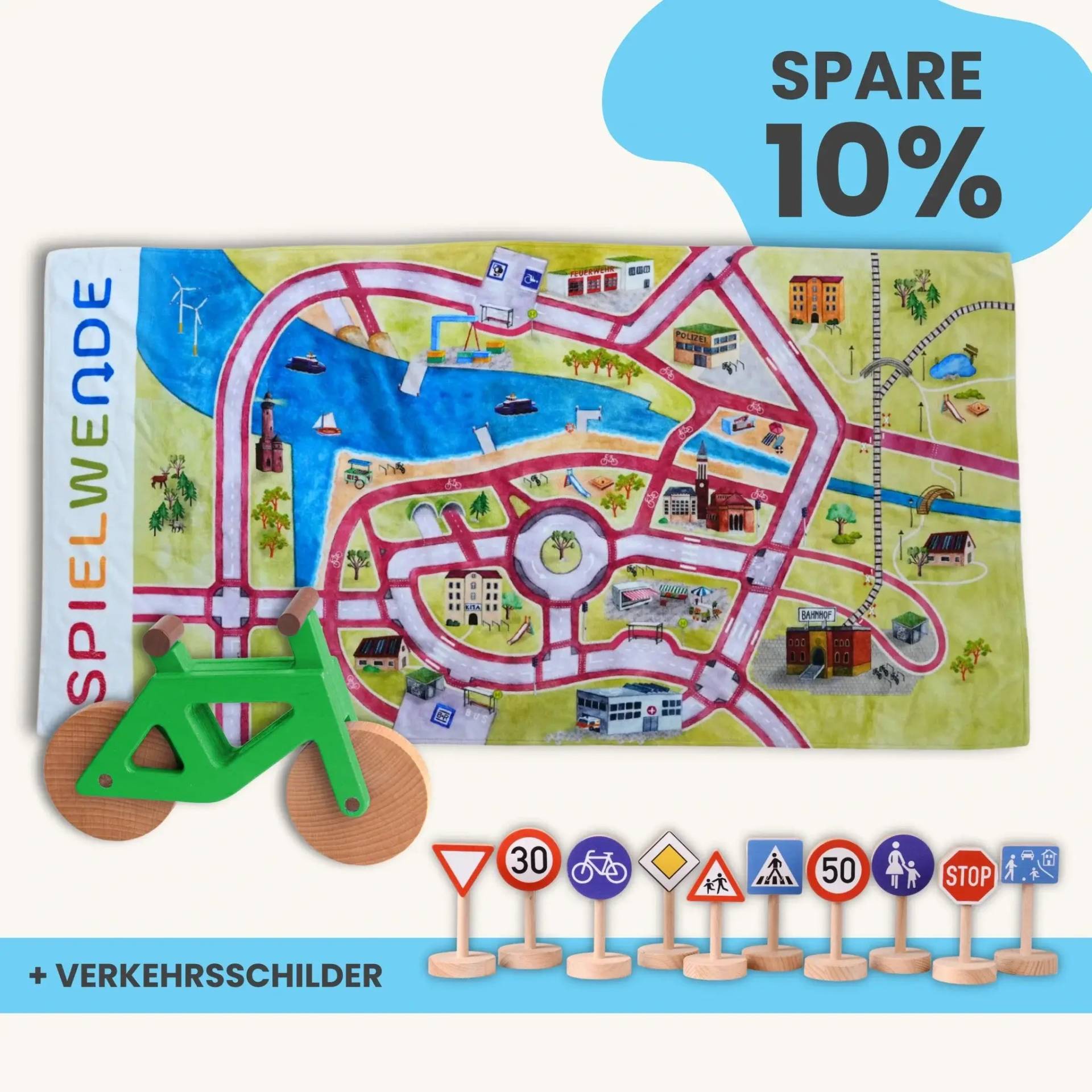 Maxi Mobilitätsset To Go - Spielteppich To Go + Fahrrad im Set | Spielteppich To Go (Motiv): Stadt von Morgen | Spielzeugfahrrad aus Holz (Farbe): Grün