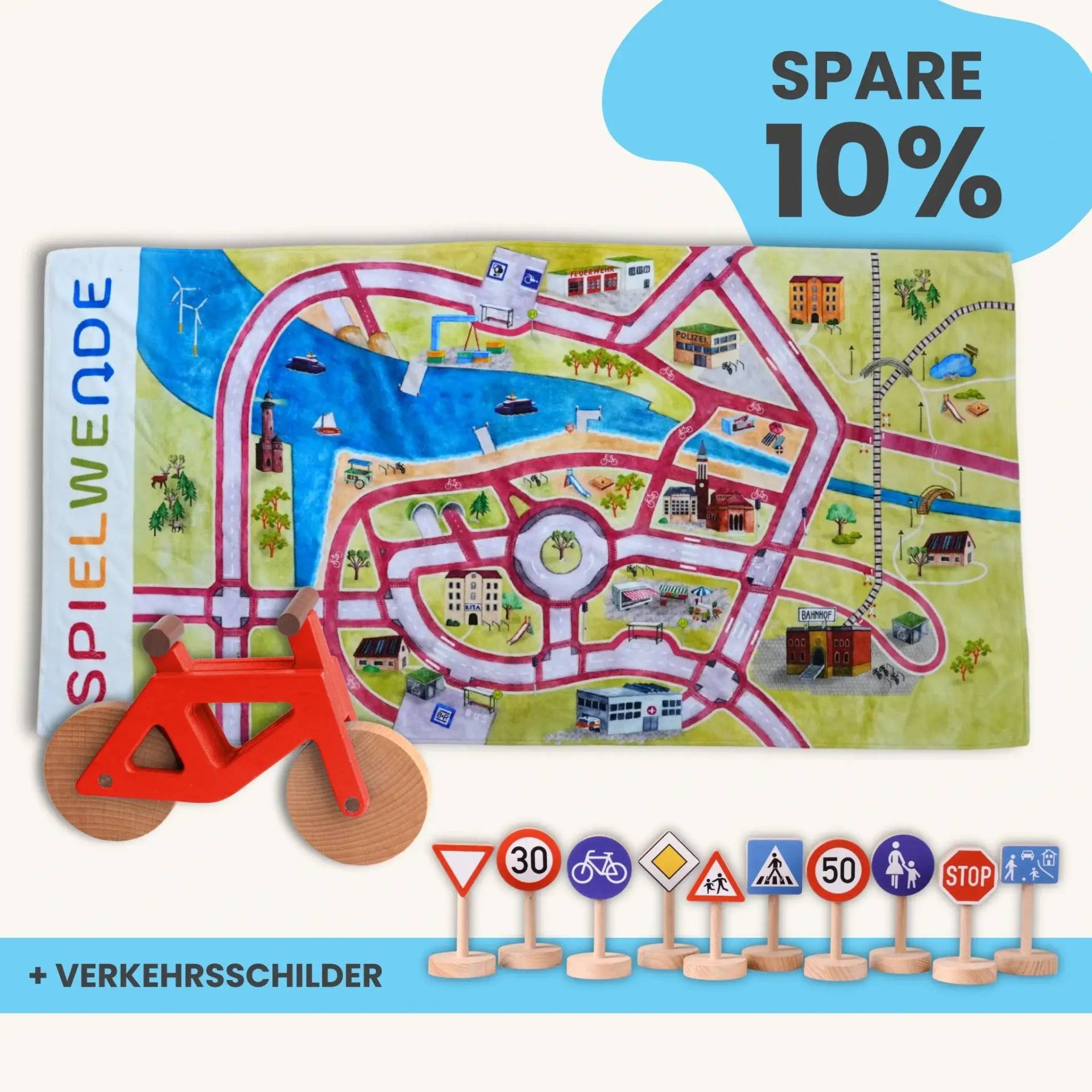 Maxi Mobilitätsset To Go - Spielteppich To Go + Fahrrad im Set | Spielteppich To Go (Motiv): Stadt von Morgen | Spielzeugfahrrad aus Holz (Farbe): Rot