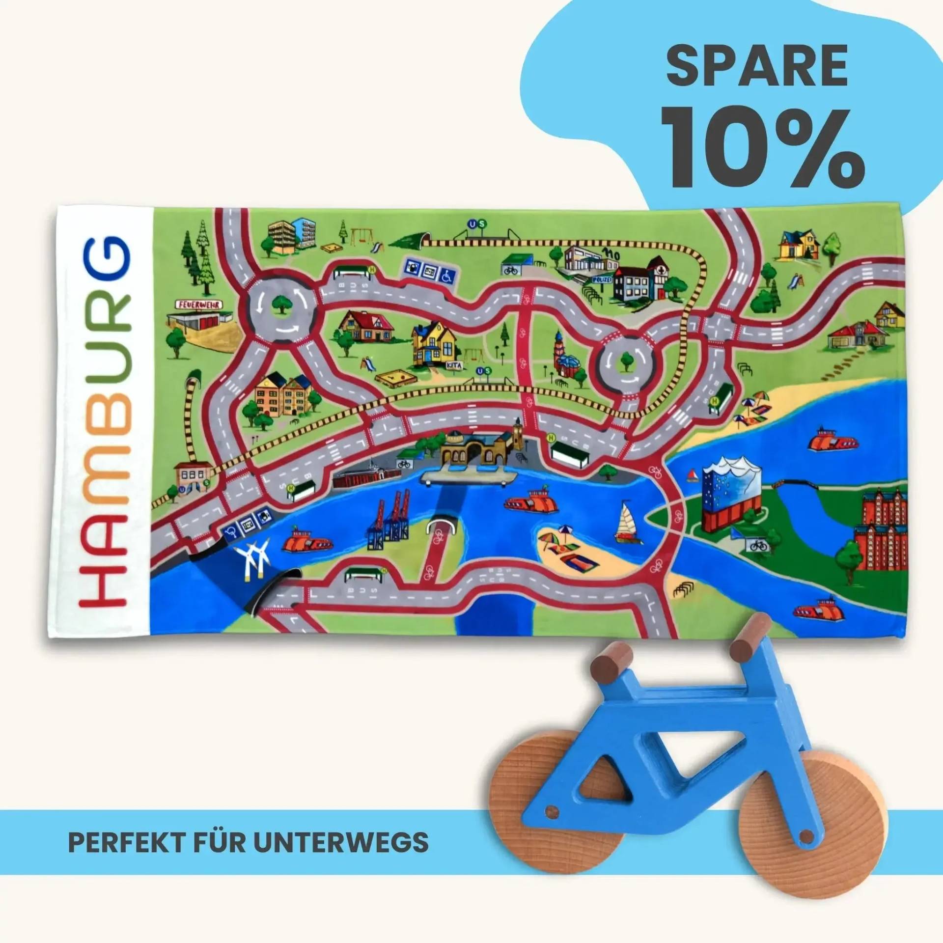 Mobilitätsset To Go - Spielteppich To Go + Holzfahrrad im Set | Spielteppich To Go (Motiv): Hamburg | Spielzeugfahrrad aus Holz (Farbe): Blau