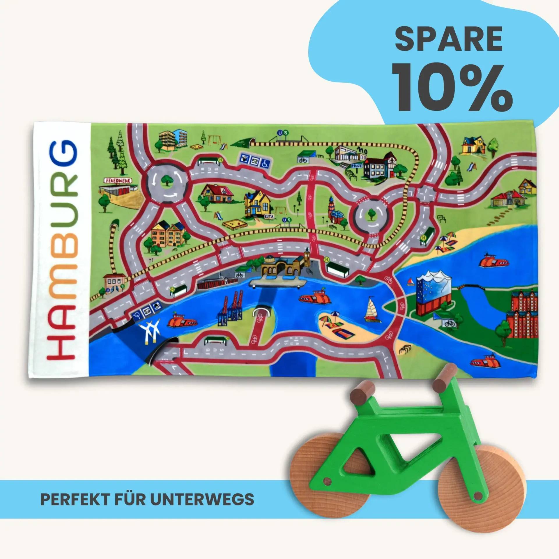 Mobilitätsset To Go - Spielteppich To Go + Holzfahrrad im Set | Spielteppich To Go (Motiv): Hamburg | Spielzeugfahrrad aus Holz (Farbe): Grün