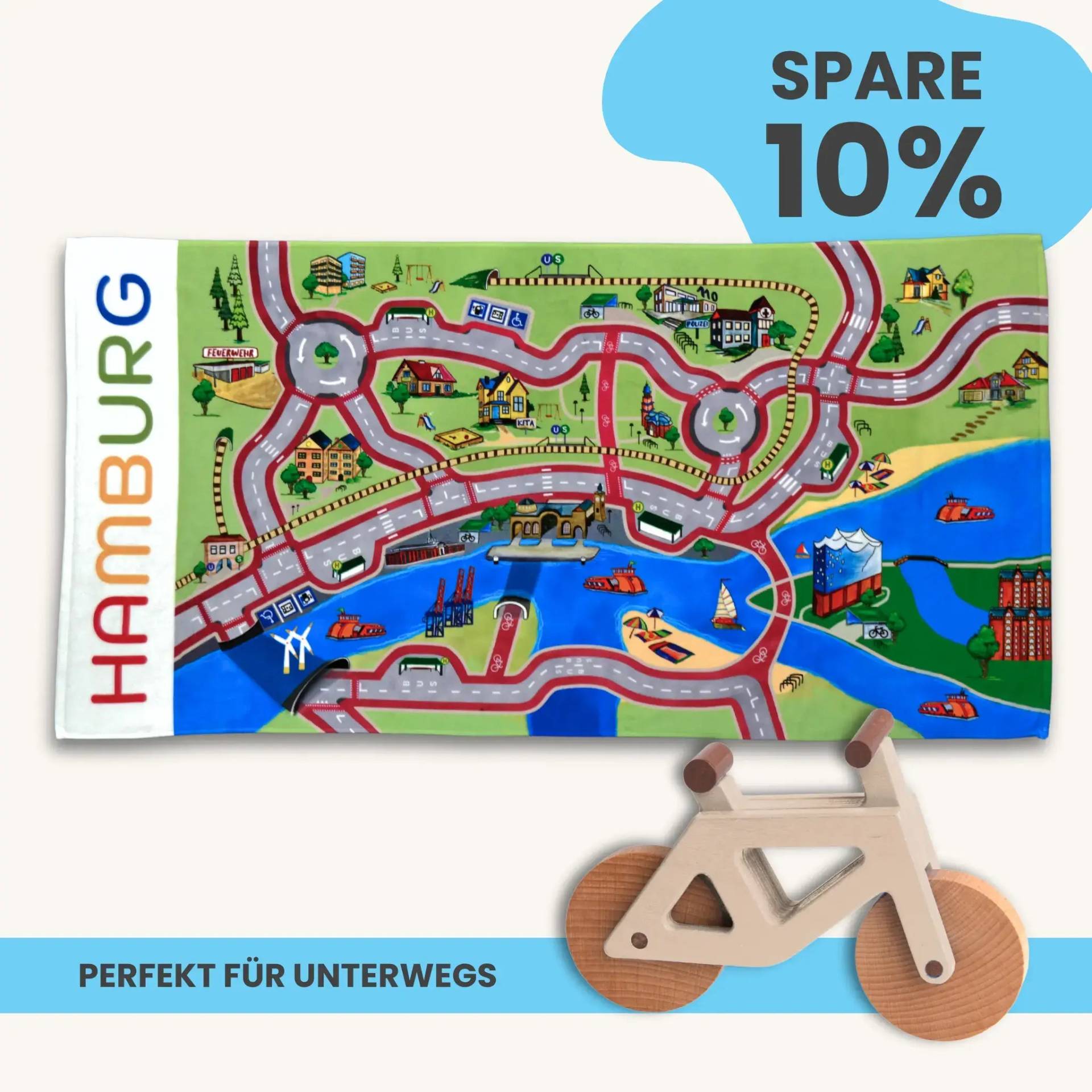 Mobilitätsset To Go - Spielteppich To Go + Holzfahrrad im Set | Spielteppich To Go (Motiv): Hamburg | Spielzeugfahrrad aus Holz (Farbe): Natur