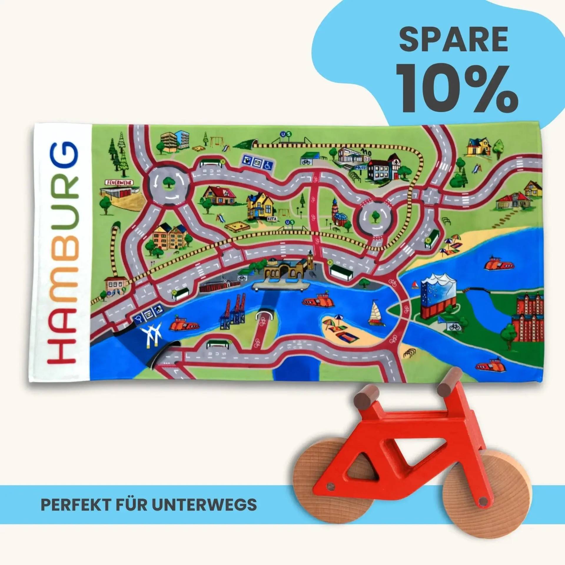 Mobilitätsset To Go - Spielteppich To Go + Holzfahrrad im Set | Spielteppich To Go (Motiv): Hamburg | Spielzeugfahrrad aus Holz (Farbe): Rot