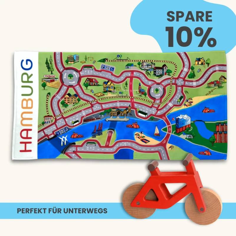 Mobilitätsset To Go - Spielteppich To Go + Holzfahrrad im Set | Spielteppich To Go (Motiv): Hamburg | Spielzeugfahrrad aus Holz (Farbe): Rot