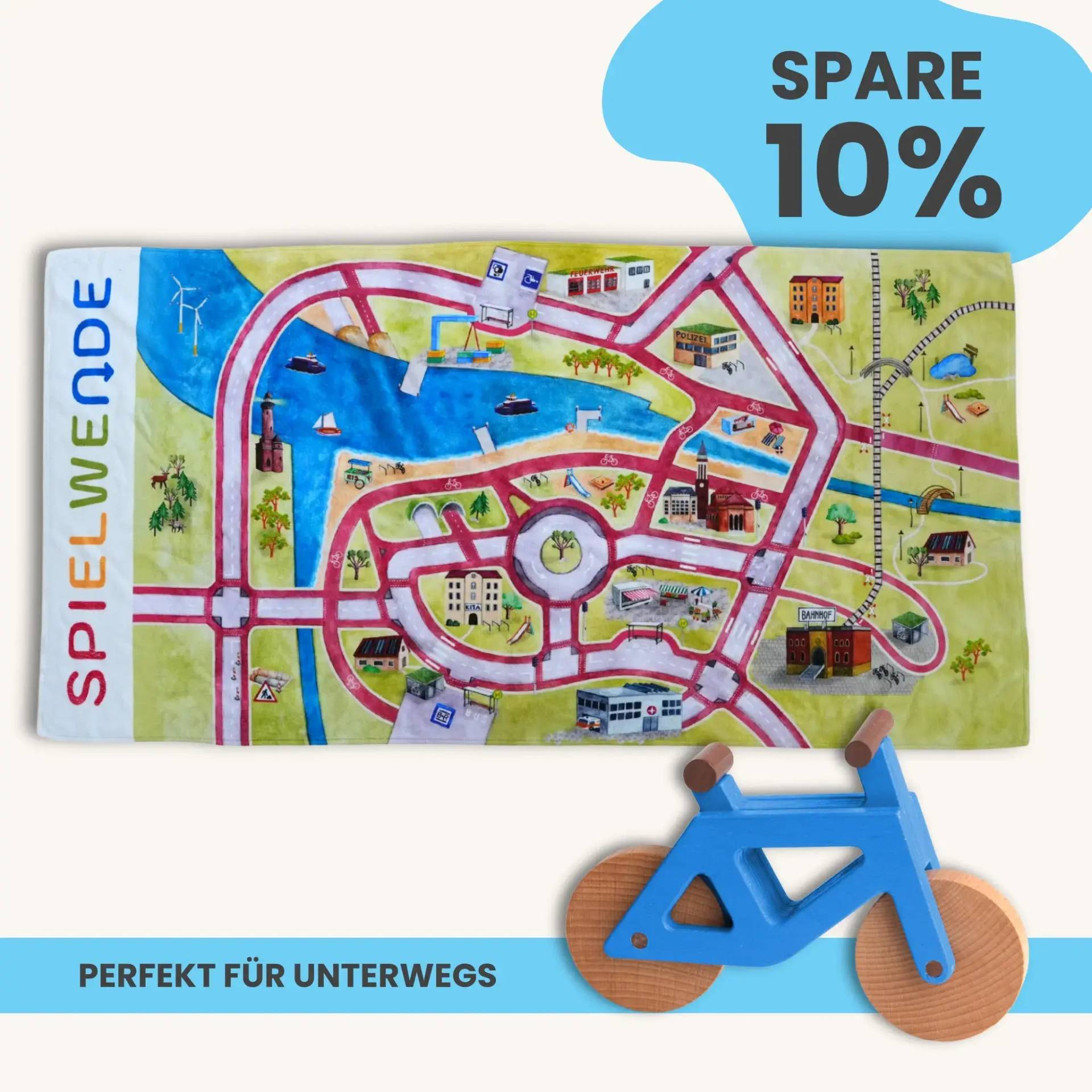 Mobilitätsset To Go - Spielteppich To Go + Holzfahrrad im Set | Spielteppich To Go (Motiv): Stadt von Morgen | Spielzeugfahrrad aus Holz (Farbe): Blau