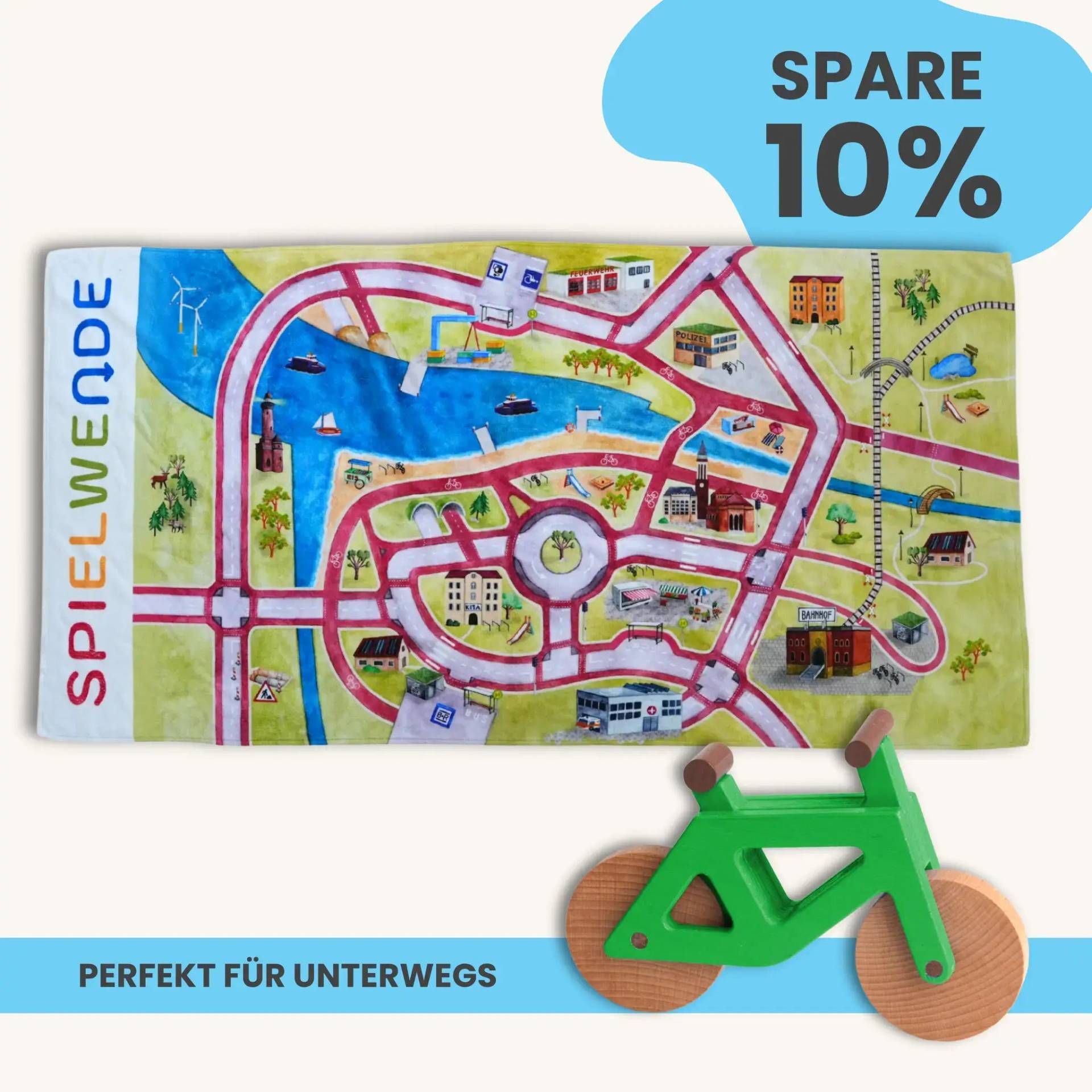 Mobilitätsset To Go - Spielteppich To Go + Holzfahrrad im Set | Spielteppich To Go (Motiv): Stadt von Morgen | Spielzeugfahrrad aus Holz (Farbe): Grün