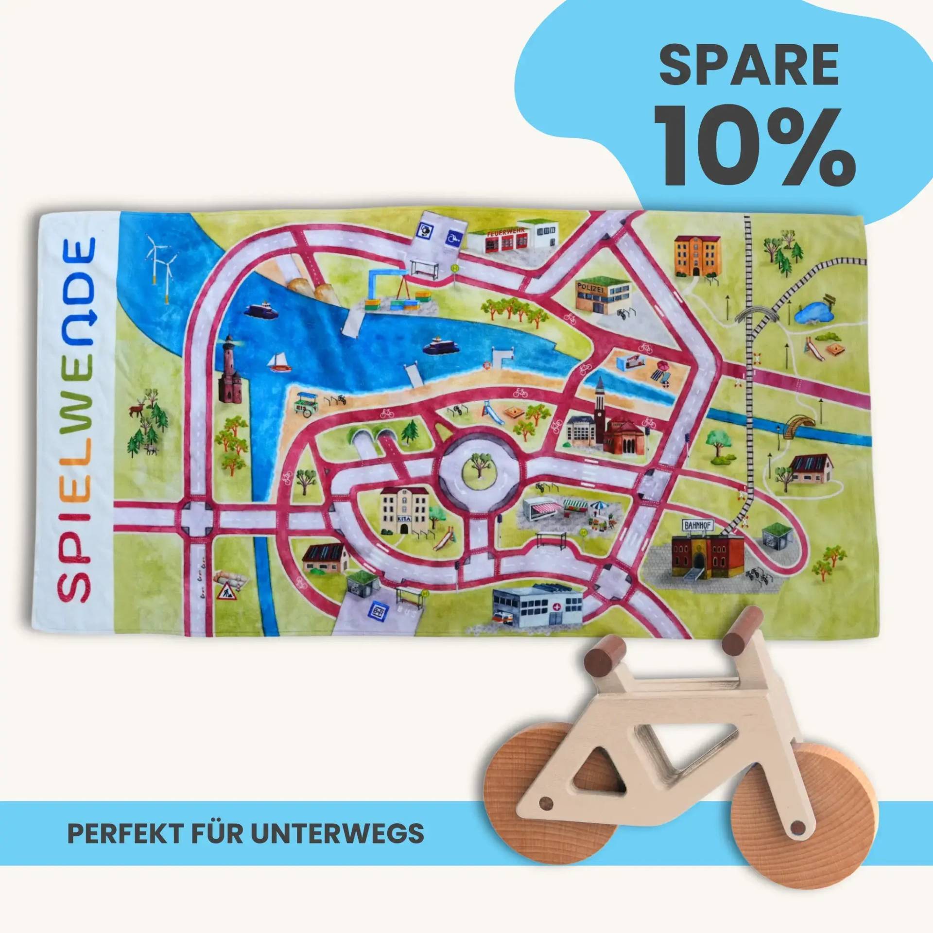 Mobilitätsset To Go - Spielteppich To Go + Holzfahrrad im Set | Spielteppich To Go (Motiv): Stadt von Morgen | Spielzeugfahrrad aus Holz (Farbe): Natur