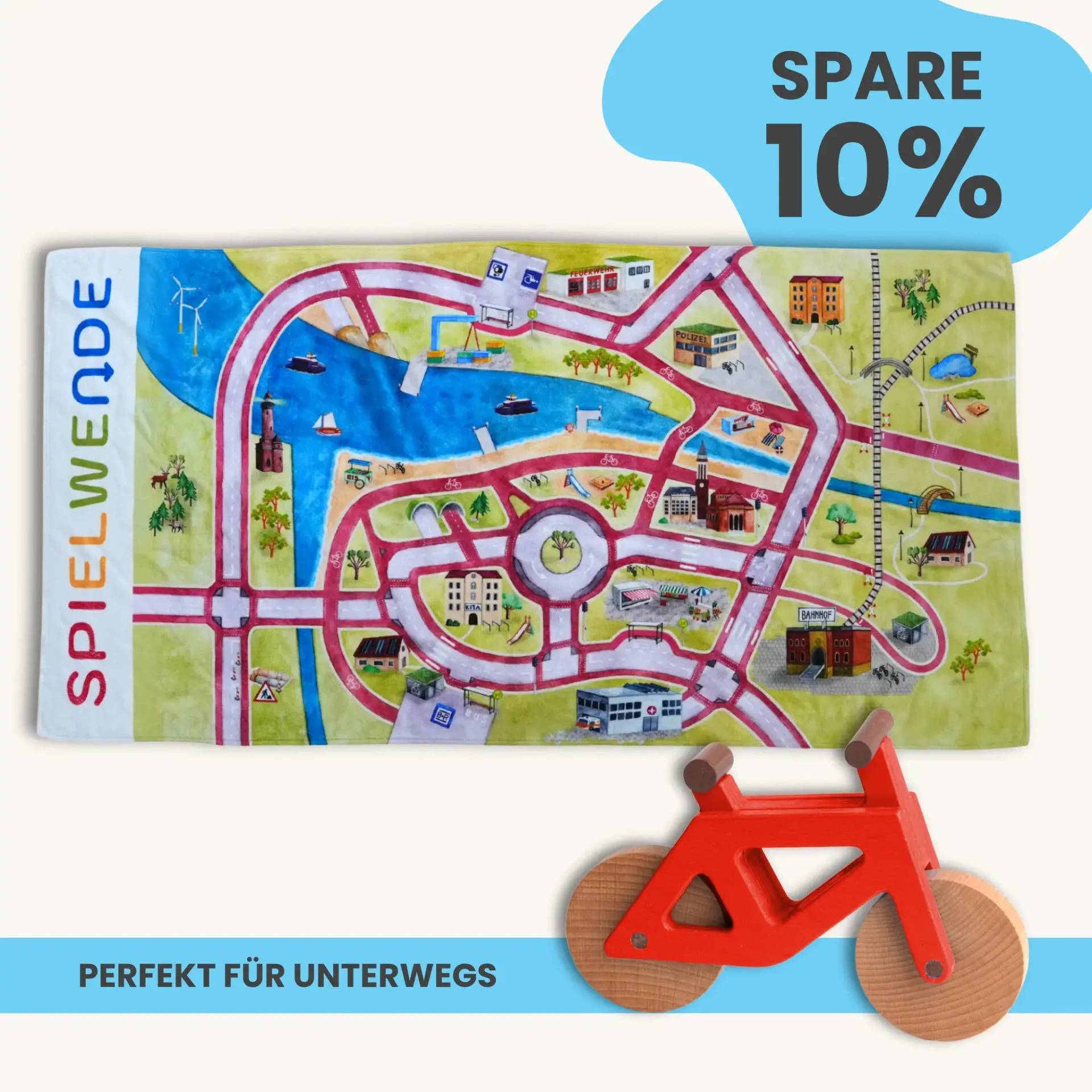Mobilitätsset To Go - Spielteppich To Go + Holzfahrrad im Set | Spielteppich To Go (Motiv): Stadt von Morgen | Spielzeugfahrrad aus Holz (Farbe): Rot
