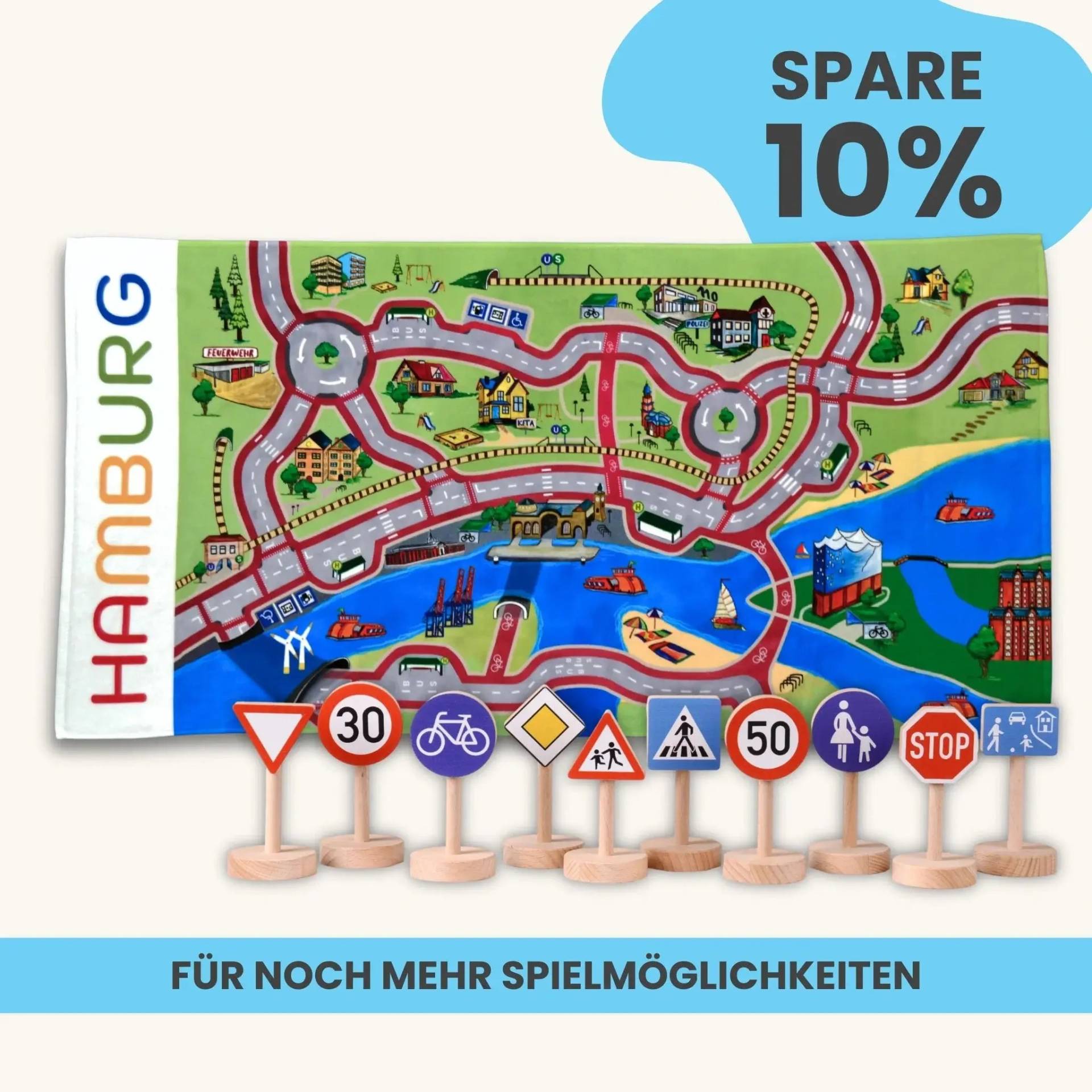 Mobilitätsset To Go - Spielteppich To Go + Verkehrsschilder Set | Spielteppich To Go (Motiv): Hamburg