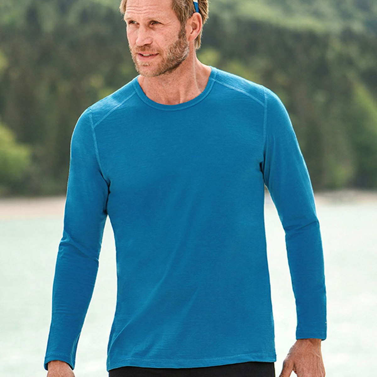 Herren Wolle Seide Langarmshirt Regular Fit blau XXL