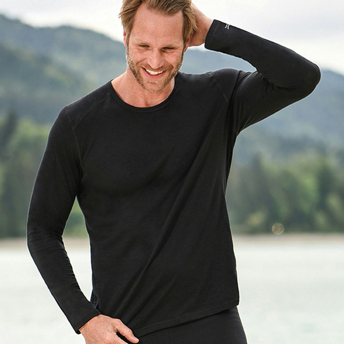 Herren Wolle Seide Langarmshirt Regular Fit schwarz M