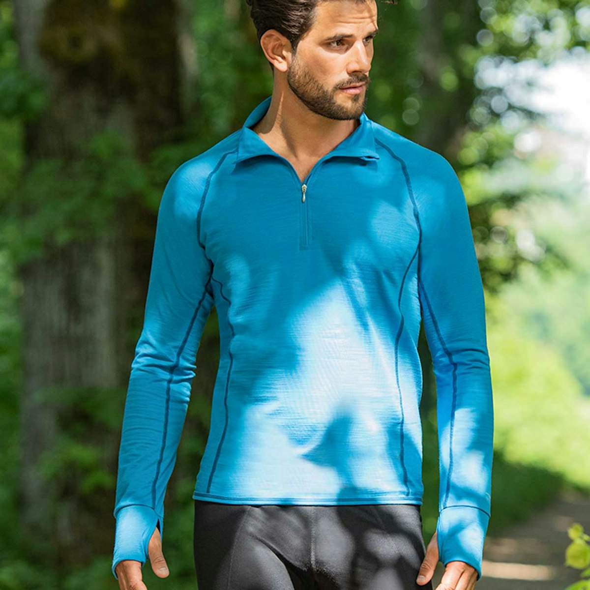 Herren Wolle Seide Zip-Shirt langarm blau Slim Fit XL
