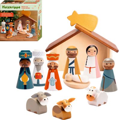 Holzkrippe mit Figuren - Fröhliche Weihnachten Holzkrippe mit Figuren - Fröhliche Weihnachten