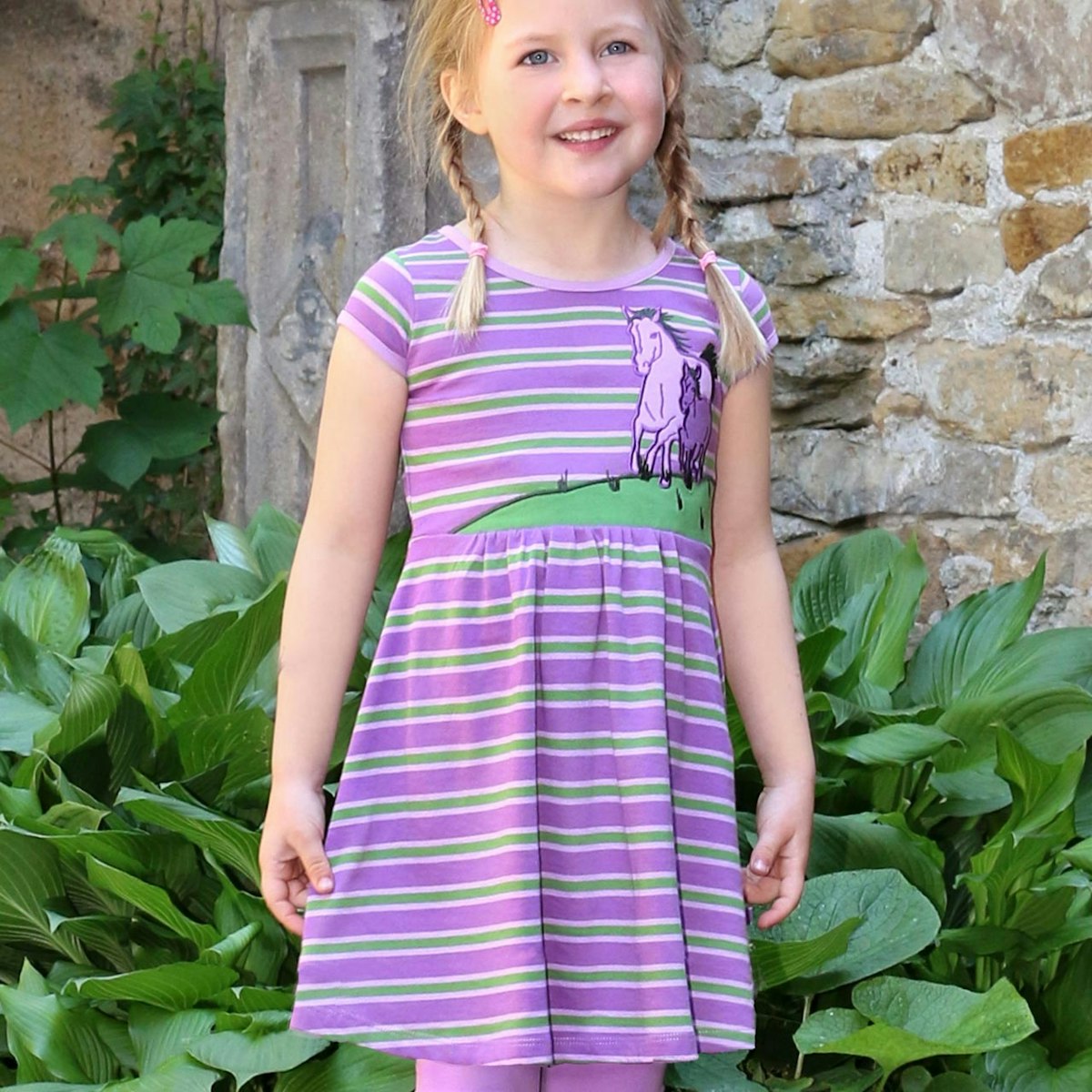 Jersey Kleid kurzarm Pferde in lavendel 86/92