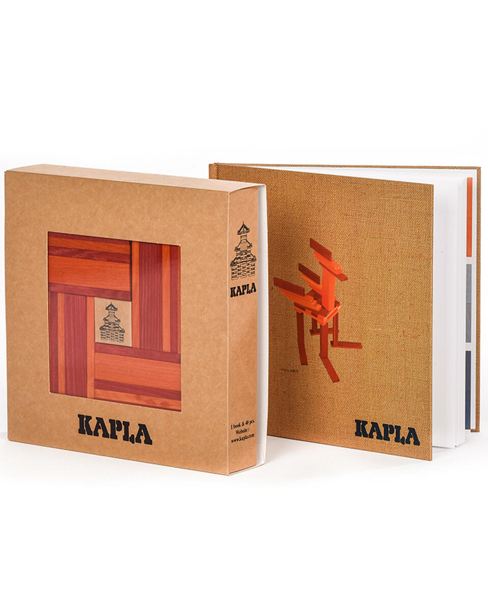 Kapla - Schachtel Nr 22: 1 Kunstband, 20 roten + 20 orangen Holzbausteinen