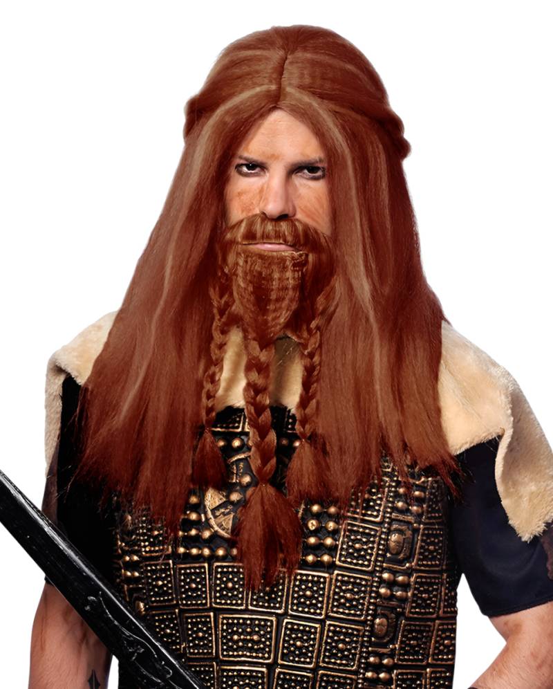 Kastanienfarbene Wikinger Perücke mit geflochtenem Bart Kastanienfarbene Wikinger Perücke mit geflochtenem Bart