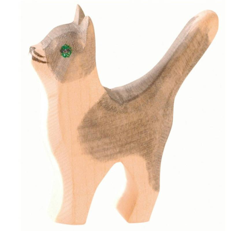 Katze klein grau Kopf hoch Holzfigur 5 cm hoch