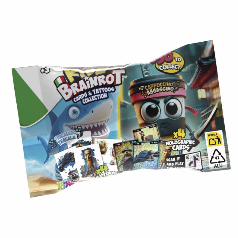 Kidz Brainrot - K02BRO03 - Blindbag 4 holografische Karten und 4 Tattoos, Sammelkarten Kidz Brainrot - K02BRO03 - Blindbag 4 holografische Karten und 4 Tattoos, Sammelkarten