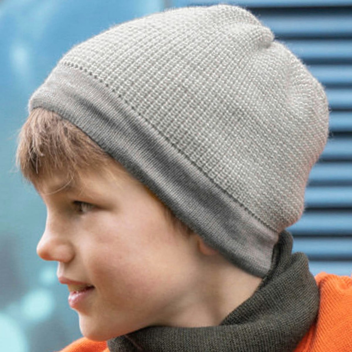 Kinder Beanie Schurwolle grau-natur 46/50