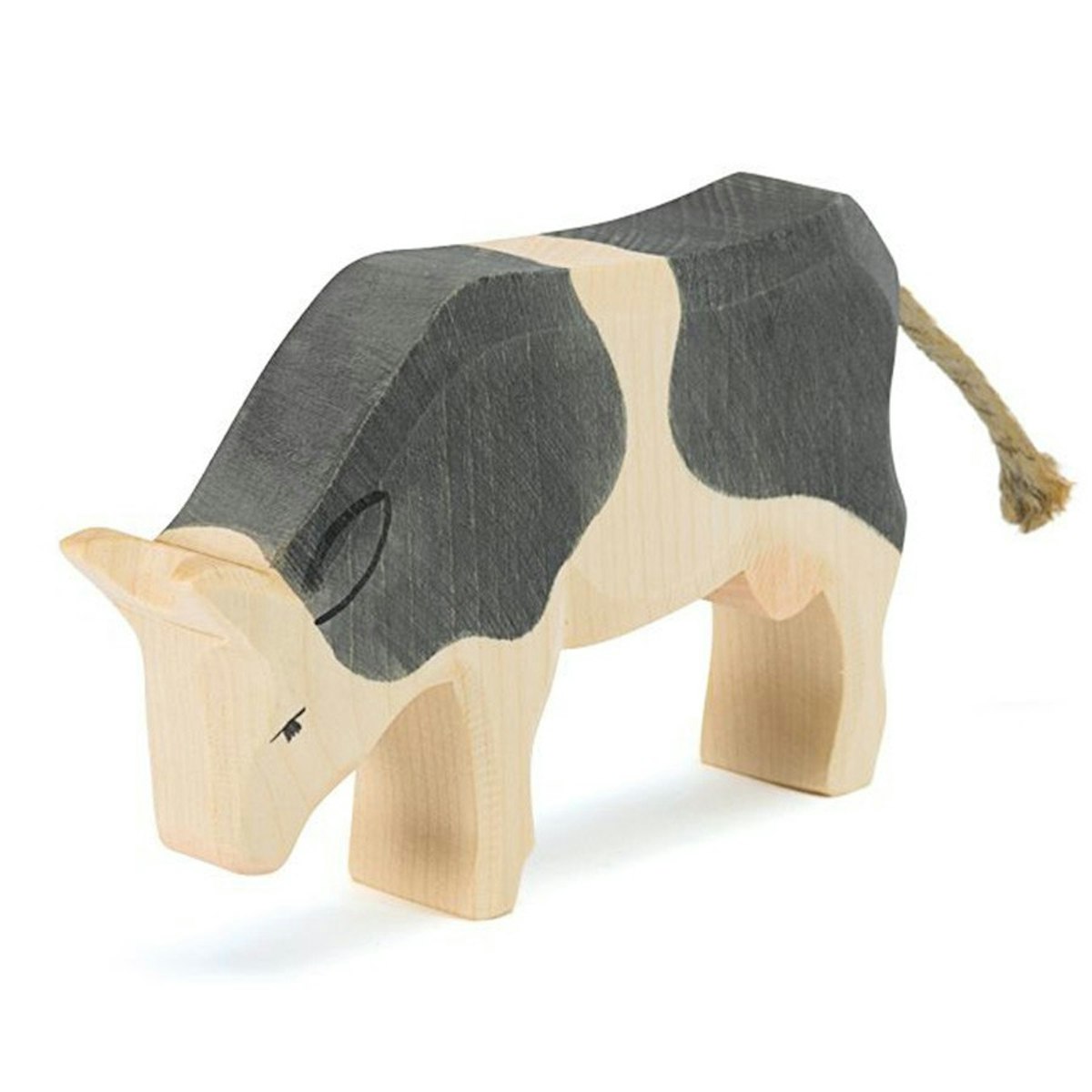 Kuh schwarz Holzfigur fressend 11,5 cm hoch