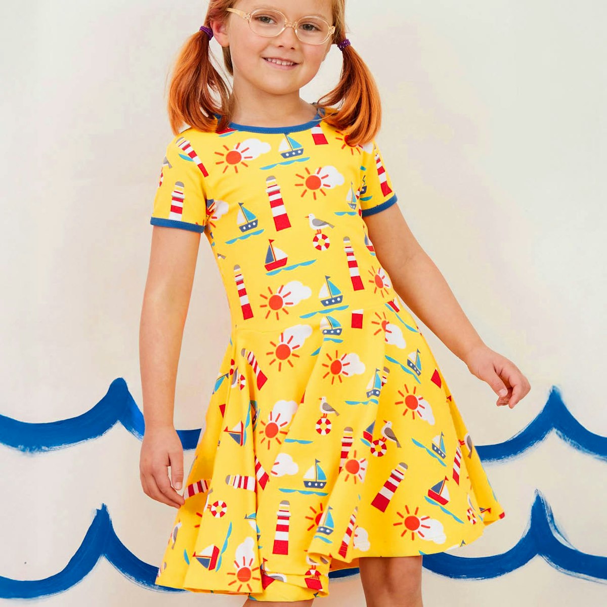 Kurzarm Skaterkleid maritimer Alloverprint gelb 98