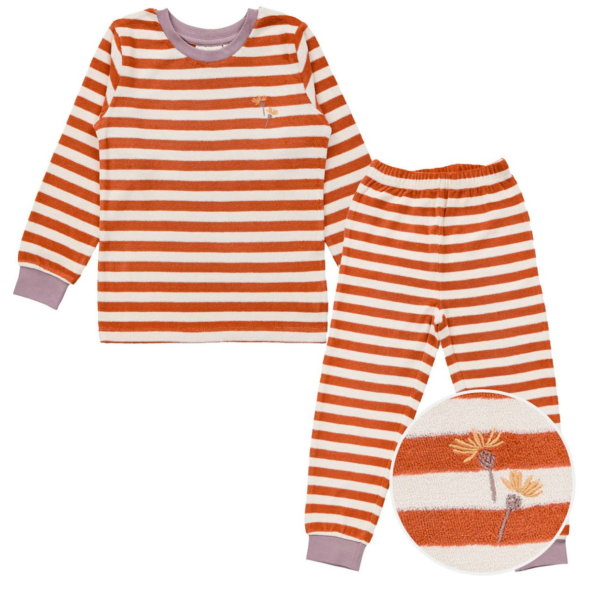 Kuscheliger Frottee Schlafanzug rostrot gestreift 104/110