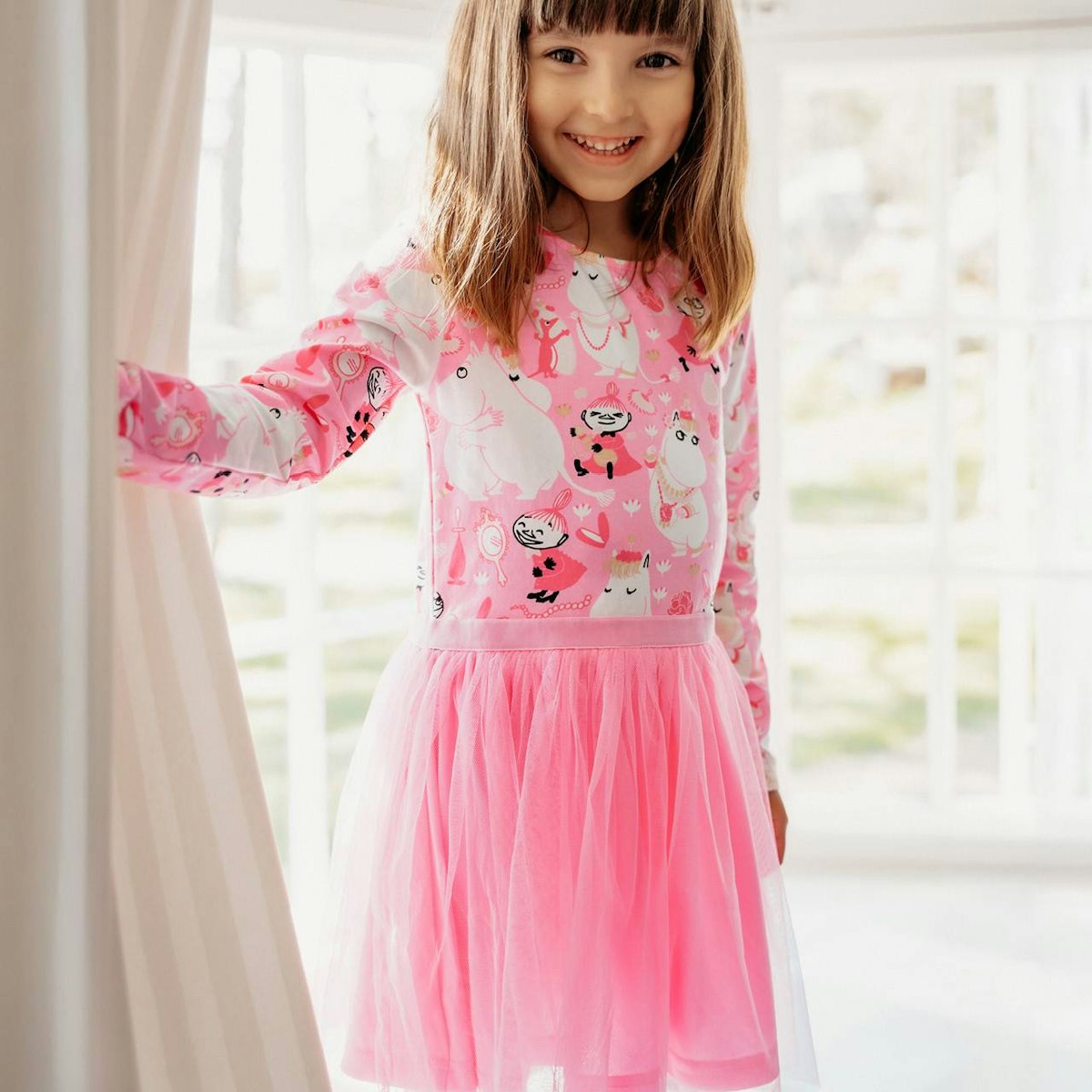 Langarm Tüllkleid Mumin-Motive rosa 92