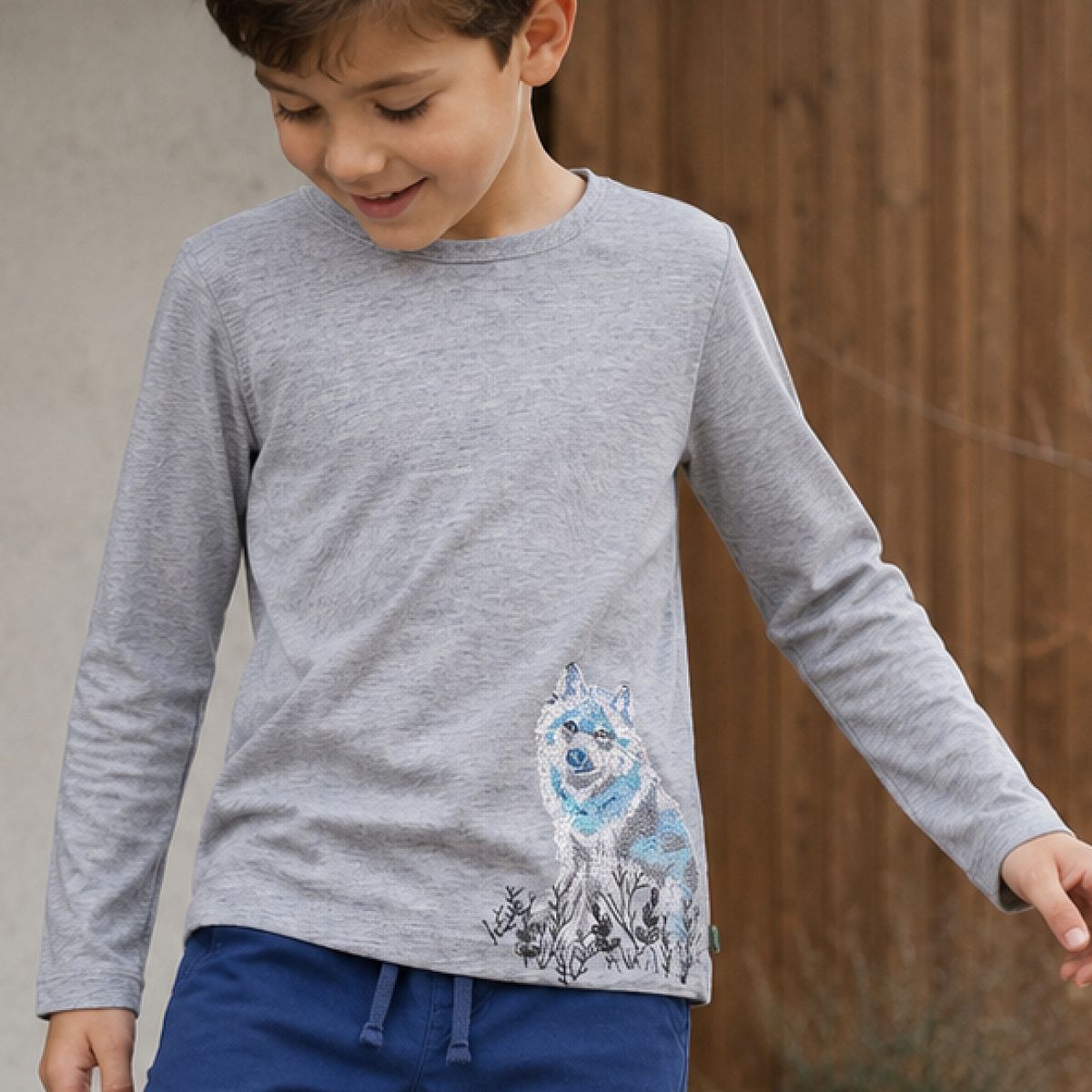 Langarmshirt Husky Stickerei grau 122/128