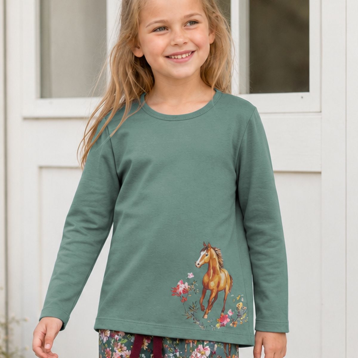 Langarmshirt Pferde-Motiv grün 146/152