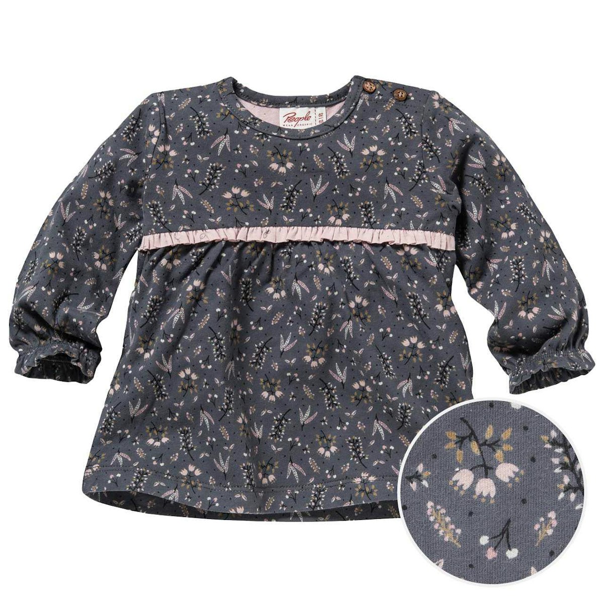Lockeres Langarmshirt schiefergrau geblümt 74/80