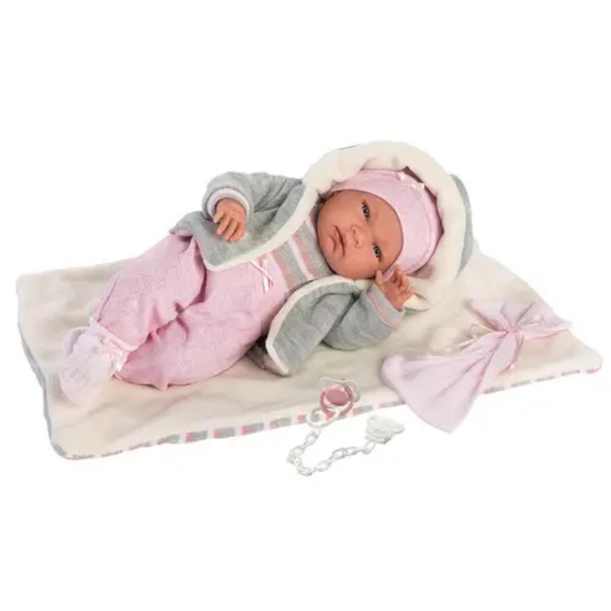 MUÑECAS LLORENS - Nica 40cm mit Streifendecke und rosa Schmusetuch MUÑECAS LLORENS - Nica 40cm mit Streifendecke und rosa Schmusetuch