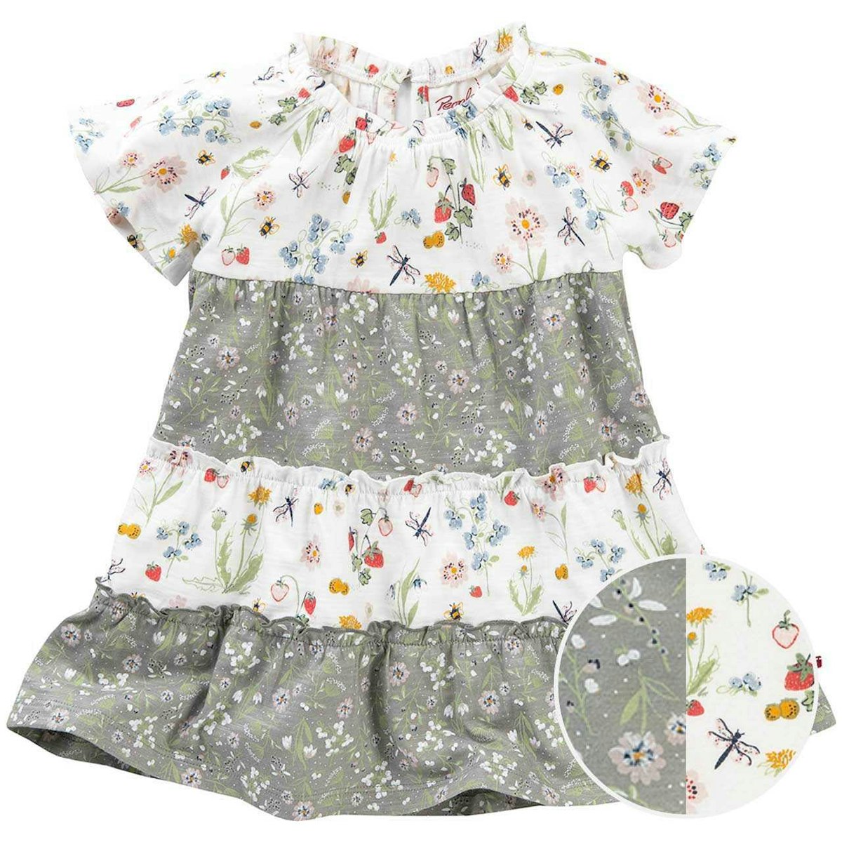 Luftiges Stufenkleid kurzarm Obstgarten weiß-khaki 74/80